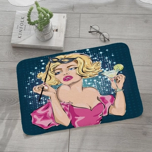 Detail view of absorbent flannel Christmas mat with modern fashion girl illustration art