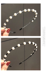 Detail of vintage thin black headband featuring white faux pearls in two styles
