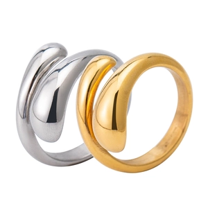 Minimalist teardrop open rings in polished gold and silver stainless steel finishes
