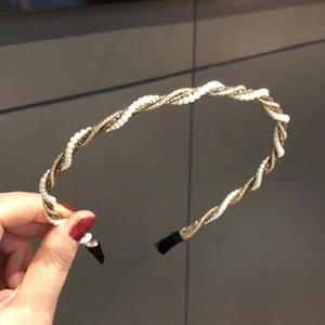 Elegante diadema trenzada de perlas y hilo dorado estilo coreano minimalista para mujer