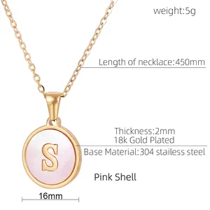 Gold 18K plated stainless steel necklace with pink shell 'S' letter round pendant