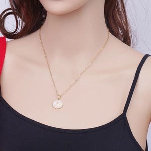 18k gold plated stainless steel necklace with round pink shell pendant featuring letter A
