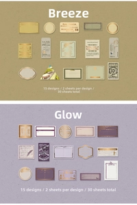 Detailed view of vintage gold-stamped stickers and retro DIY scrapbook paper set