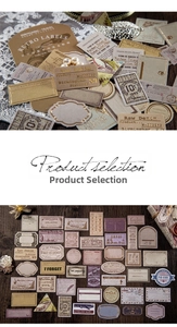 Macro detail of vintage scrapbook paper stickers with elegant gold foil stamping and retro labels