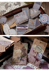Macro shot of vintage scrapbooking stickers with gold foil details for DIY journal decor