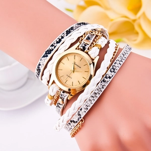 Women's quartz watch with leopard snake pattern and braided layered wrist strap