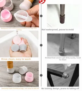 Detail view of silicone chair leg protectors showing non-slip design and color options