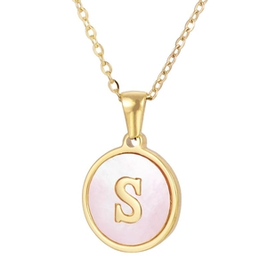 Gold stainless steel necklace featuring a round pink shell pendant with a 3D letter S