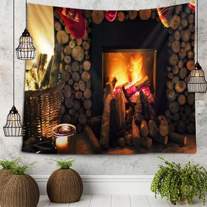 Close-up of festive Christmas fireplace tapestry with holiday stockings on wall
