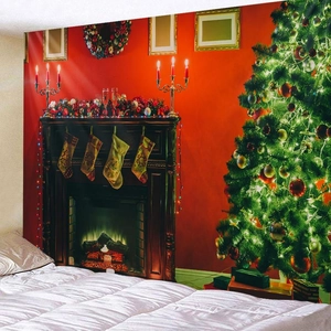 Cozy Christmas scene tapestry detail with fireplace, decorated tree, and festive socks