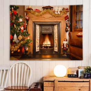 Detail of Christmas tapestry showing a fireplace scene and Merry Christmas text