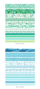 Detail of 12 rolls washi tape set featuring green mint and blue trail patterns for DIY crafts