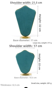 Detailed dimensions for green velvet necklace display stands with gold trim in two sizes
