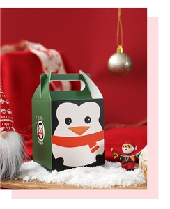 Detail of penguin-themed Christmas gift box with handle and Best Wishes greeting