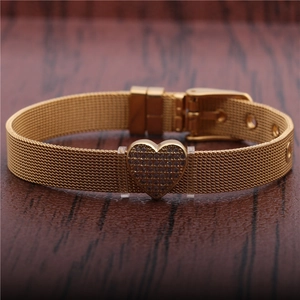 Adjustable 10mm golden mesh bracelet with sparkling heart charm and watchband buckle