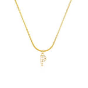 Detail of gold snake chain with crystal-encrusted letter P pendant for women