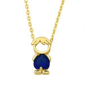 Gold necklace with minimalist boy silhouette pendant featuring a blue heart crystal
