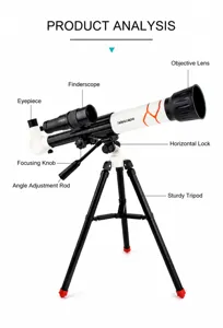 Gedetailleerde analyse van astronomische telescoop met statief en gelabelde onderdelen