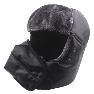Winter thermal faux leather trapper hat with grey faux fur lining and face mask