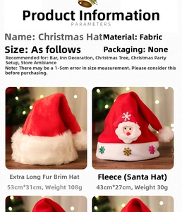 Detailed size and weight chart for red plush Christmas hats with soft cloth material