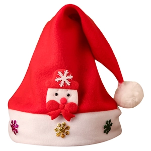Plush Christmas hat featuring a cute snowman motif and colorful snowflake sequins