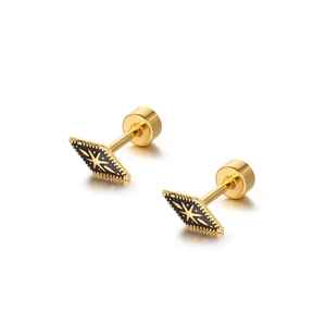 Titanium steel stud earrings featuring gold rhombus shape with black enamel and star motif