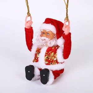 Detail of electric Santa Claus plush toy with parachute and hanging rope for decoration