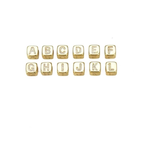 Gold plated cube beads with A-L zircon letters for DIY necklaces and jewelry making