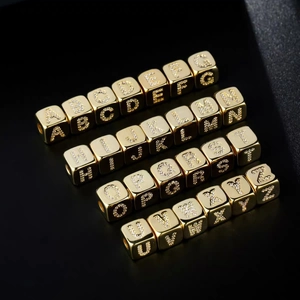 Gold plated cube dice charms with 26 letters and inlaid zircon for DIY jewelry making