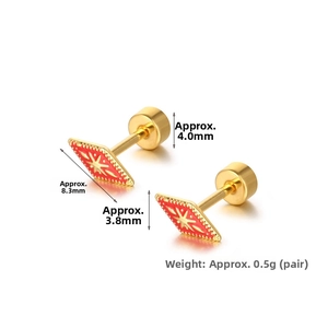 Detail of red enamel star earrings in 18K gold finish with size and weight info