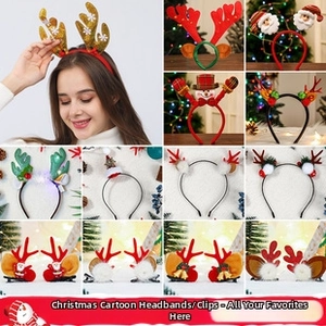 Variety of festive Christmas headbands and hair clips with reindeer antlers and santa motifs