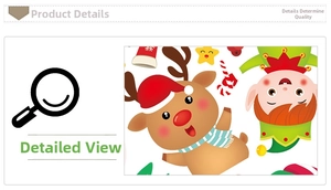 Detailed close-up showing festive Christmas reindeer and elf prints on window stickers