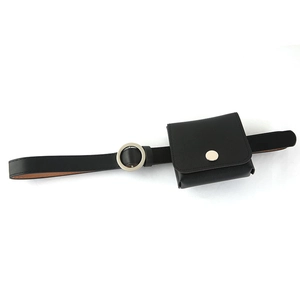 Fashionable black waist belt bag with silver buckle and mini square pouch for women
