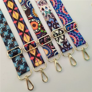 Ethnic style adjustable wide shoulder straps with floral patterns and gold metal hooks
