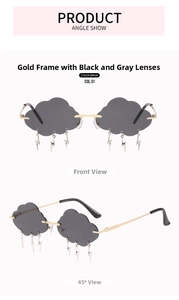Cloud shaped rimless sunglasses with gold metal temples and hanging lightning charms