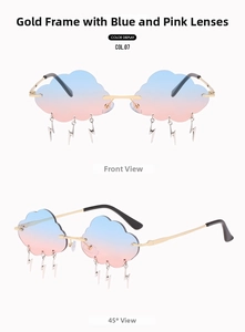 Detail view of cloud-shaped rimless sunglasses with gold frame and gradient blue-pink lenses