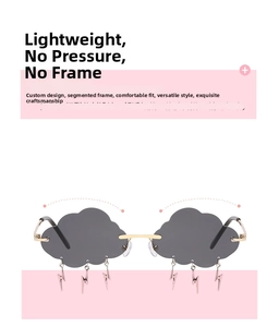 Detail of rimless grey cloud lenses with dangling gold lightning charms and metal temples