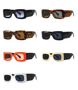 Modern rectangular sunglasses collection in seven colors with wide temples and retro design
