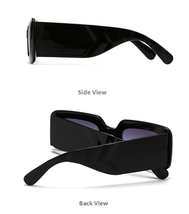 Detailed side and back view of black rectangular sunglasses with purple gradient lenses