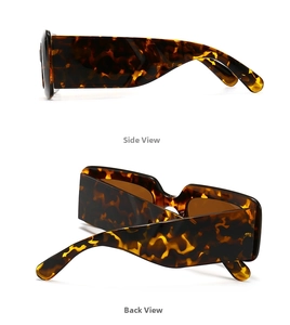 Detail side and back view of wide-arm tortoiseshell rectangle sunglasses in high gloss