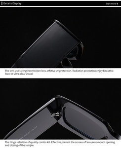 Close-up of UV protection lenses and durable hinges on black retro sunglasses