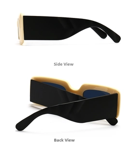 Side and back view of retro rectangle sunglasses with cream frame and wide black legs