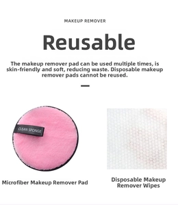 Detail of pink microfiber makeup remover pad with black trim vs white disposable wipe