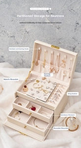 Close-up of three-layer jewelry box showing velvet lining and necklace hooks