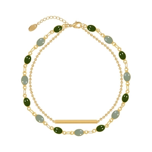 Bracelet double couche plaqué or rétro avec pierres précieuses ovales vertes et grises