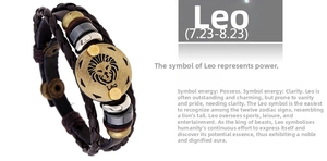 Detail of hand-woven leather Leo zodiac bracelet with antique bronze charm and Leo logo