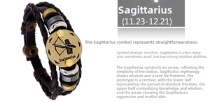 Detail of hand-woven brown leather Sagittarius bracelet with vintage bronze charm