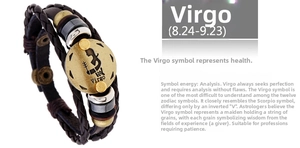 Detail of Virgo brown leather braided bracelet with bronze zodiac sign charm and beads