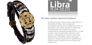 Detail of Libra zodiac leather bracelet with bronze metal charm and braided cords