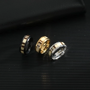 Men's 8mm wide metal rings with wood inlay available in black, gold, and silver finishes